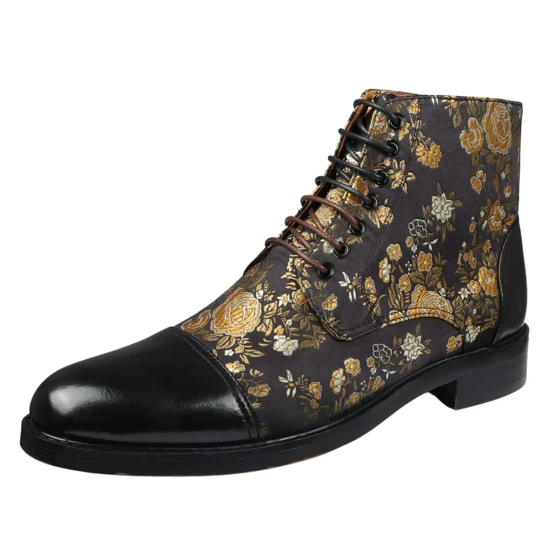 Adam - Men's Floral Print Leather Oxford Ankle Boots