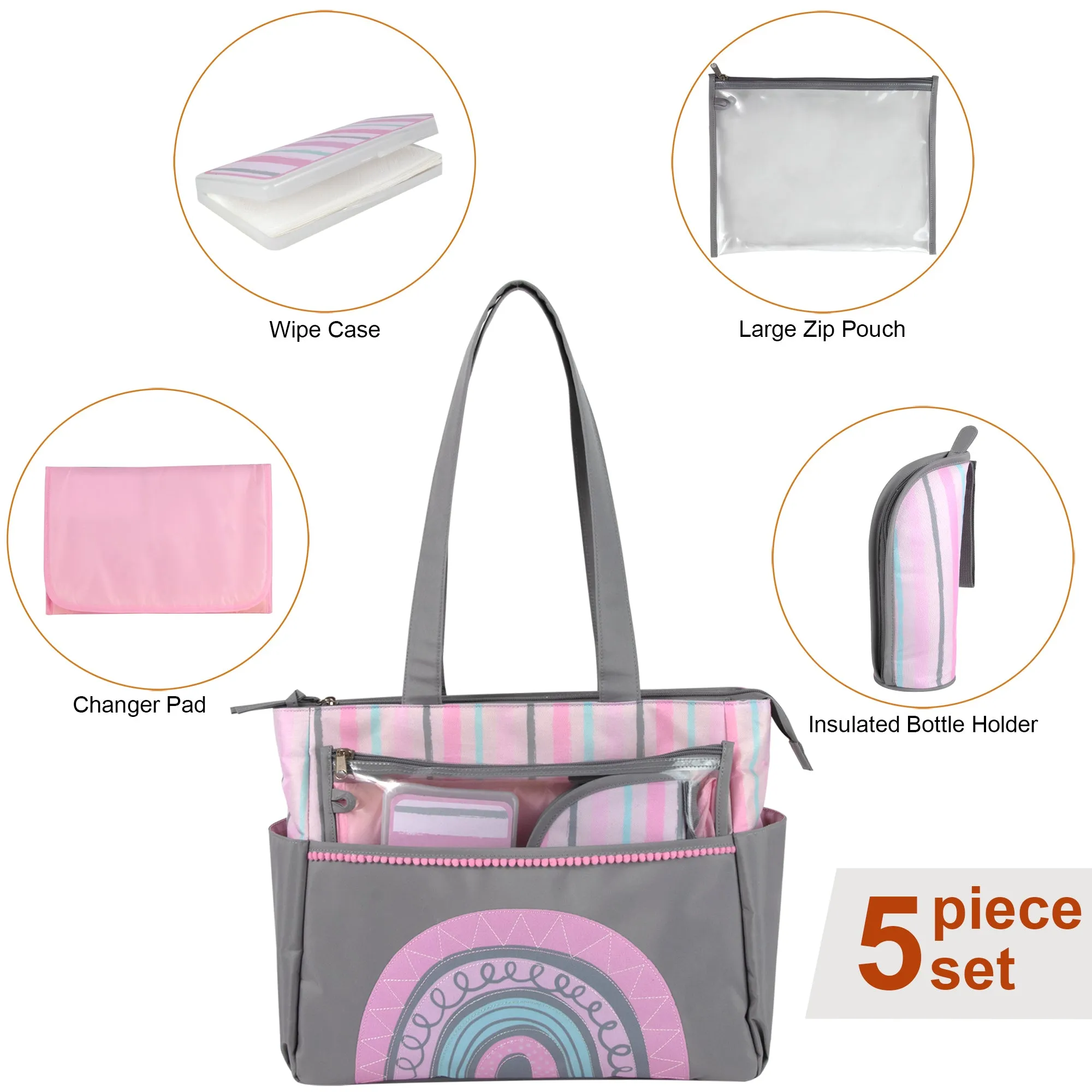 Baby Essentials Diaper Bag Tote 5-Piece Set - Pink Rainbow Themed