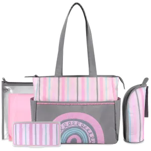 Baby Essentials Diaper Bag Tote 5-Piece Set - Pink Rainbow Themed