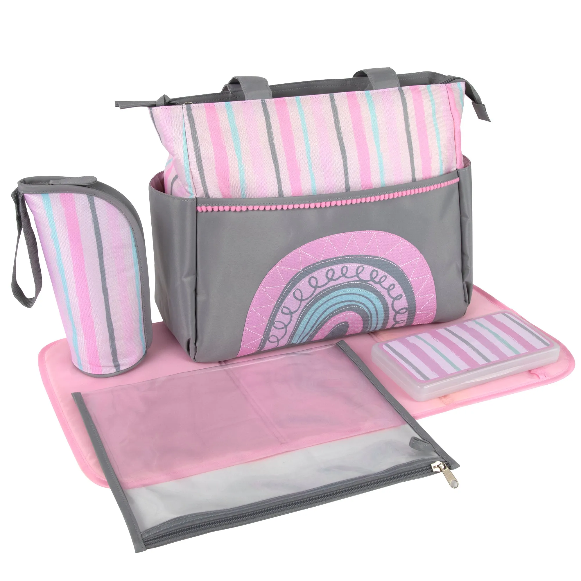 Baby Essentials Diaper Bag Tote 5-Piece Set - Pink Rainbow Themed