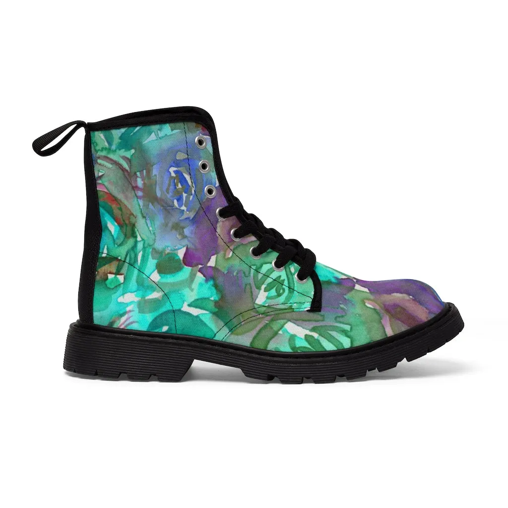 Blue Purple Floral Women's Boots, Abstract Rose Flower Vintage Style Combat Hiking Boots For Ladies