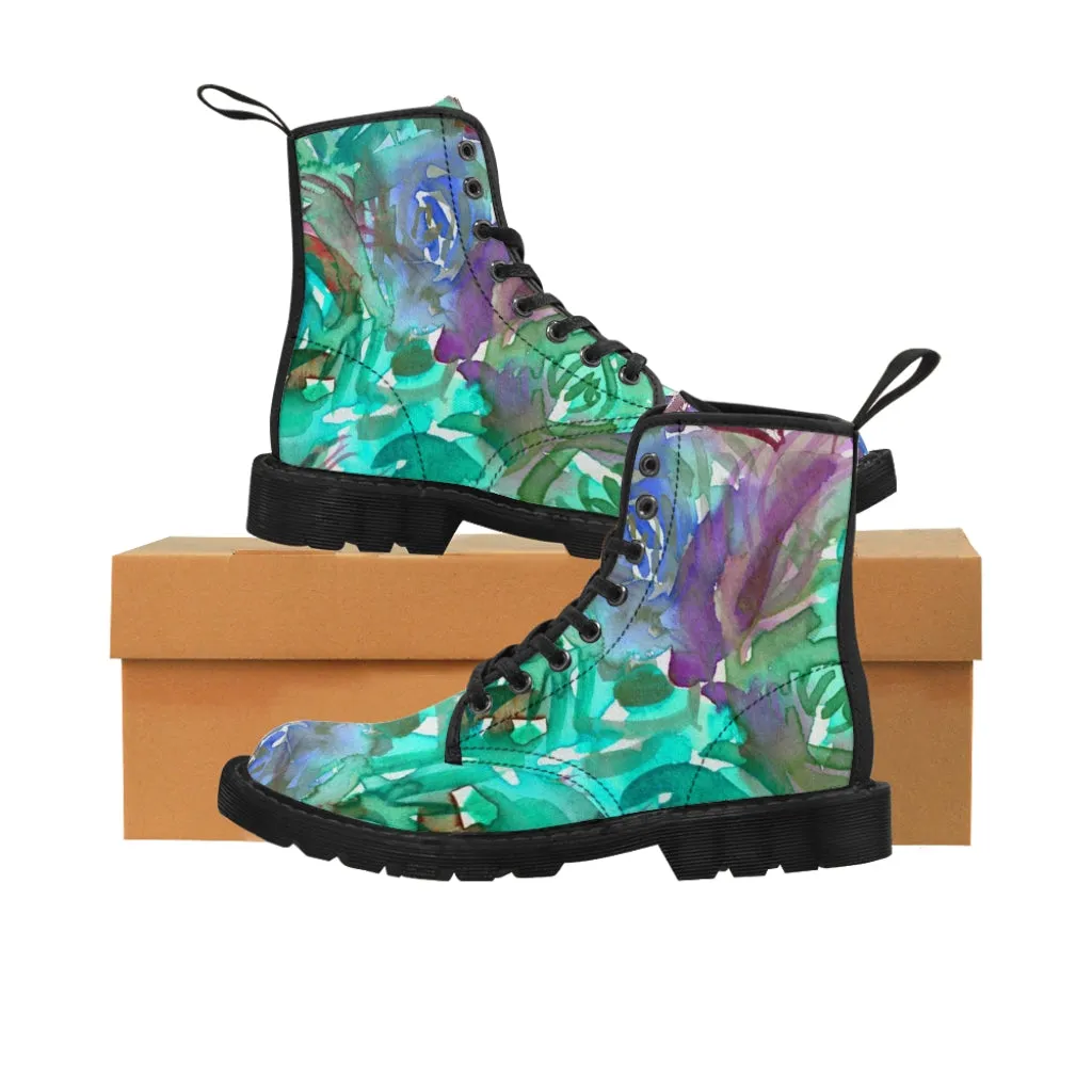 Blue Purple Floral Women's Boots, Abstract Rose Flower Vintage Style Combat Hiking Boots For Ladies