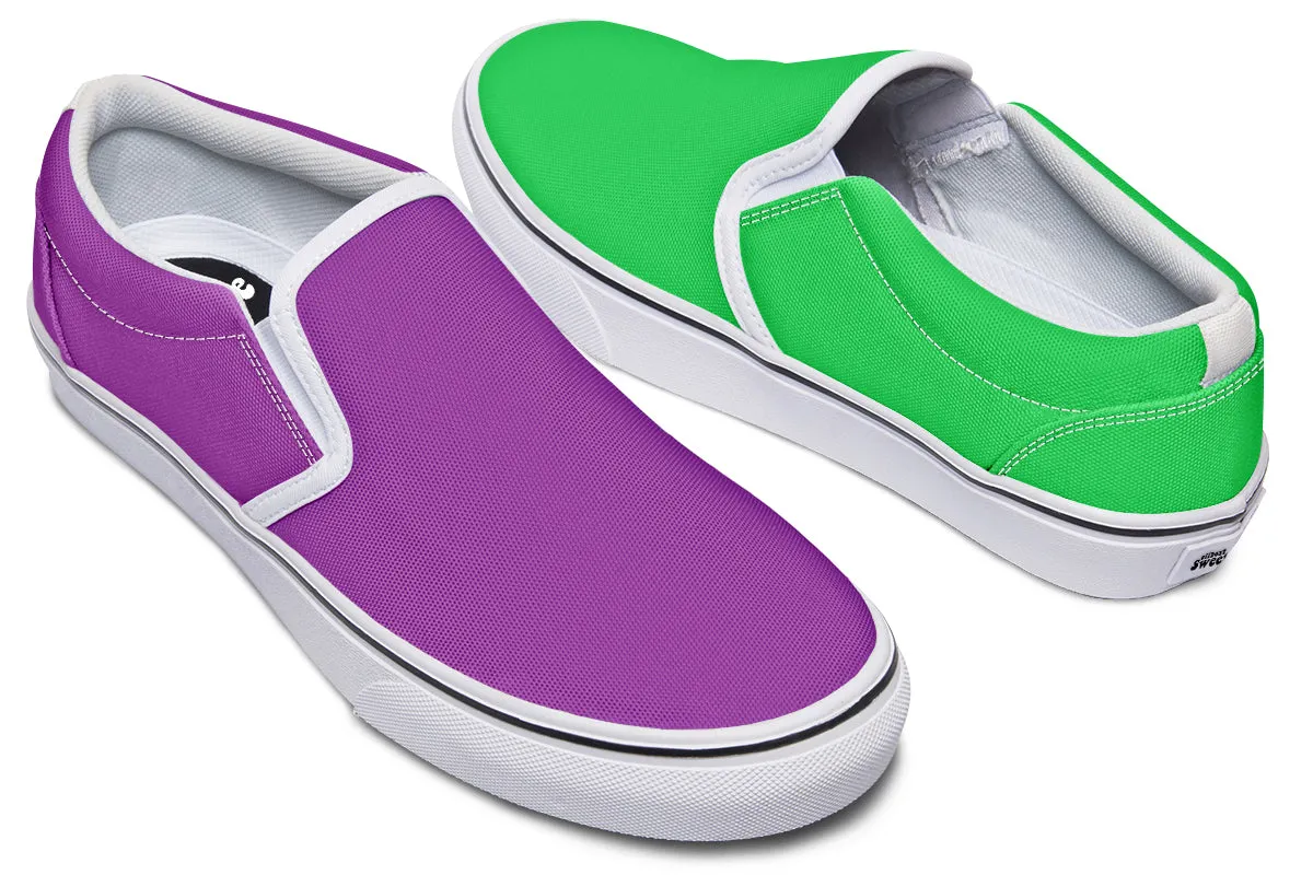 Green And Purple Mismatch Slip Ons