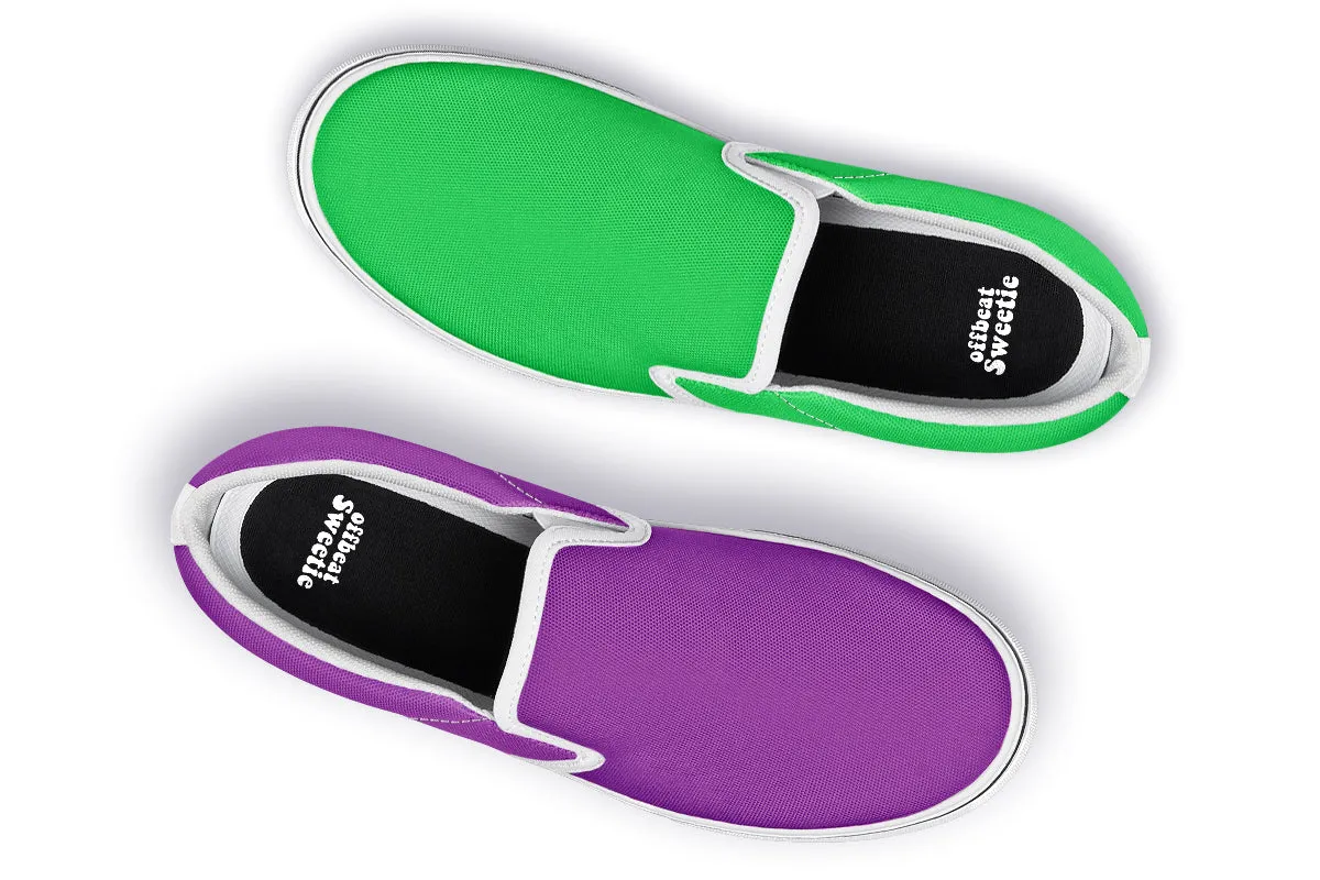 Green And Purple Mismatch Slip Ons