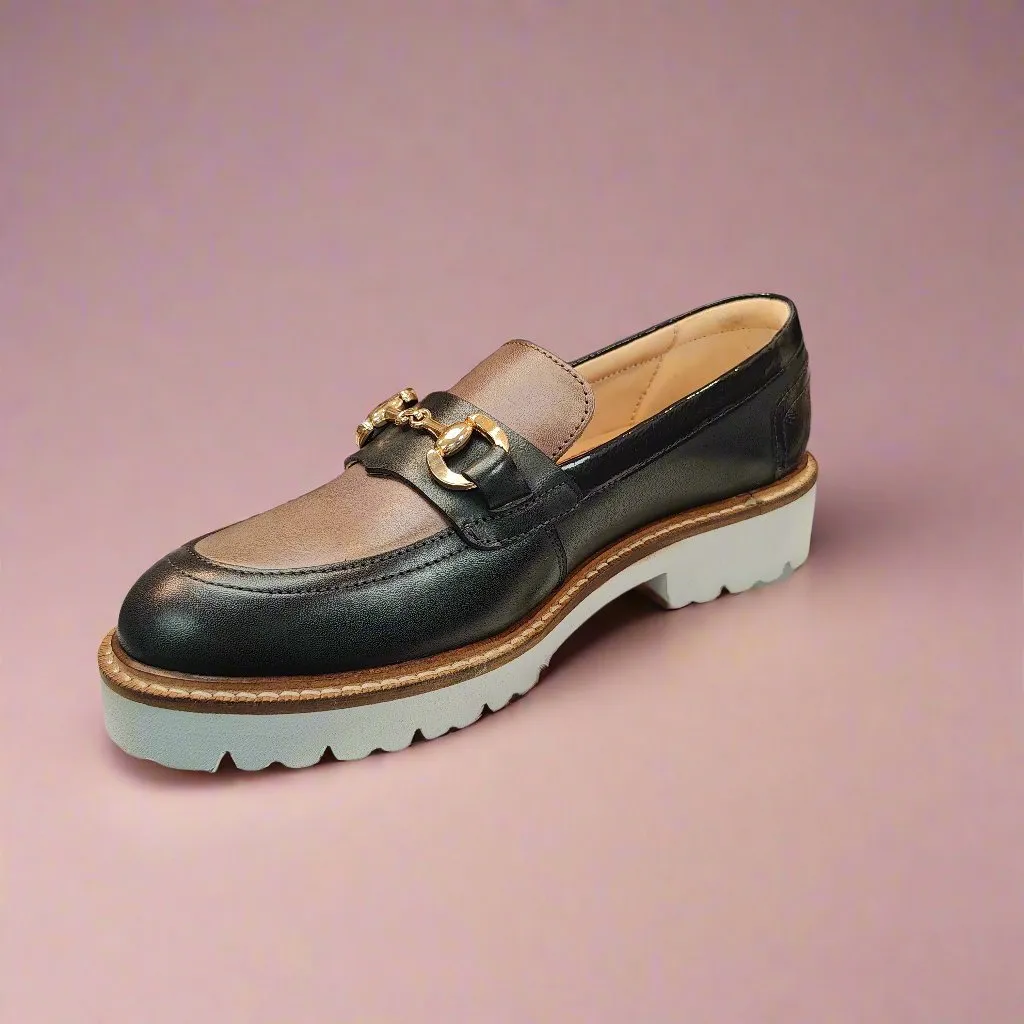 Ladies Slip On Loafers Pod Leather Ladies Shoes Navy/Grey Kendal sale