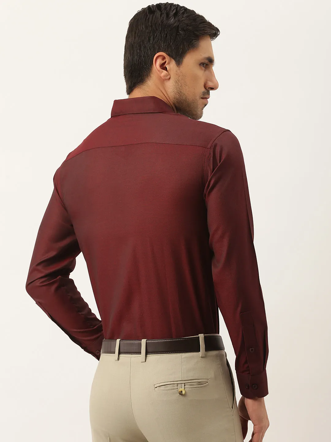 Men's Cotton Burgundy Self Design Classic Formal Shirt - Sojanya