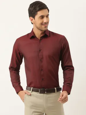 Men's Cotton Burgundy Self Design Classic Formal Shirt - Sojanya