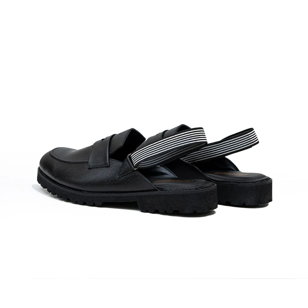 MULES WITH ELASTIC STRAP-BLACK