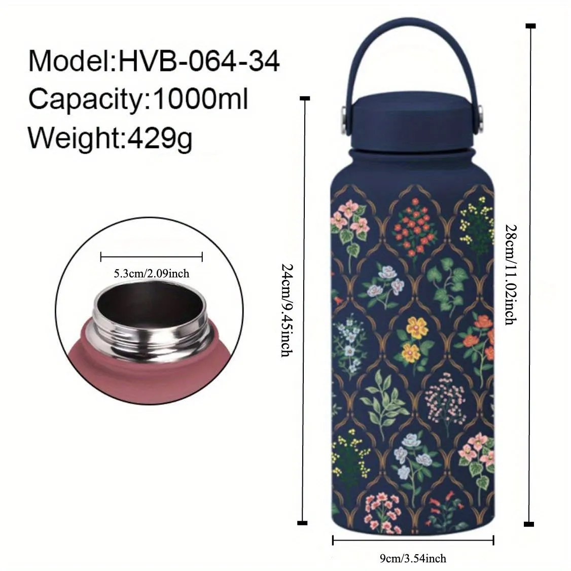 New 33.81oz Insulated Stainless Steel Water Bottle - Large Capacity, Wide Mouth, Portable Vacuum Sports Cup For Women - Reusable, Hand-Wash Only