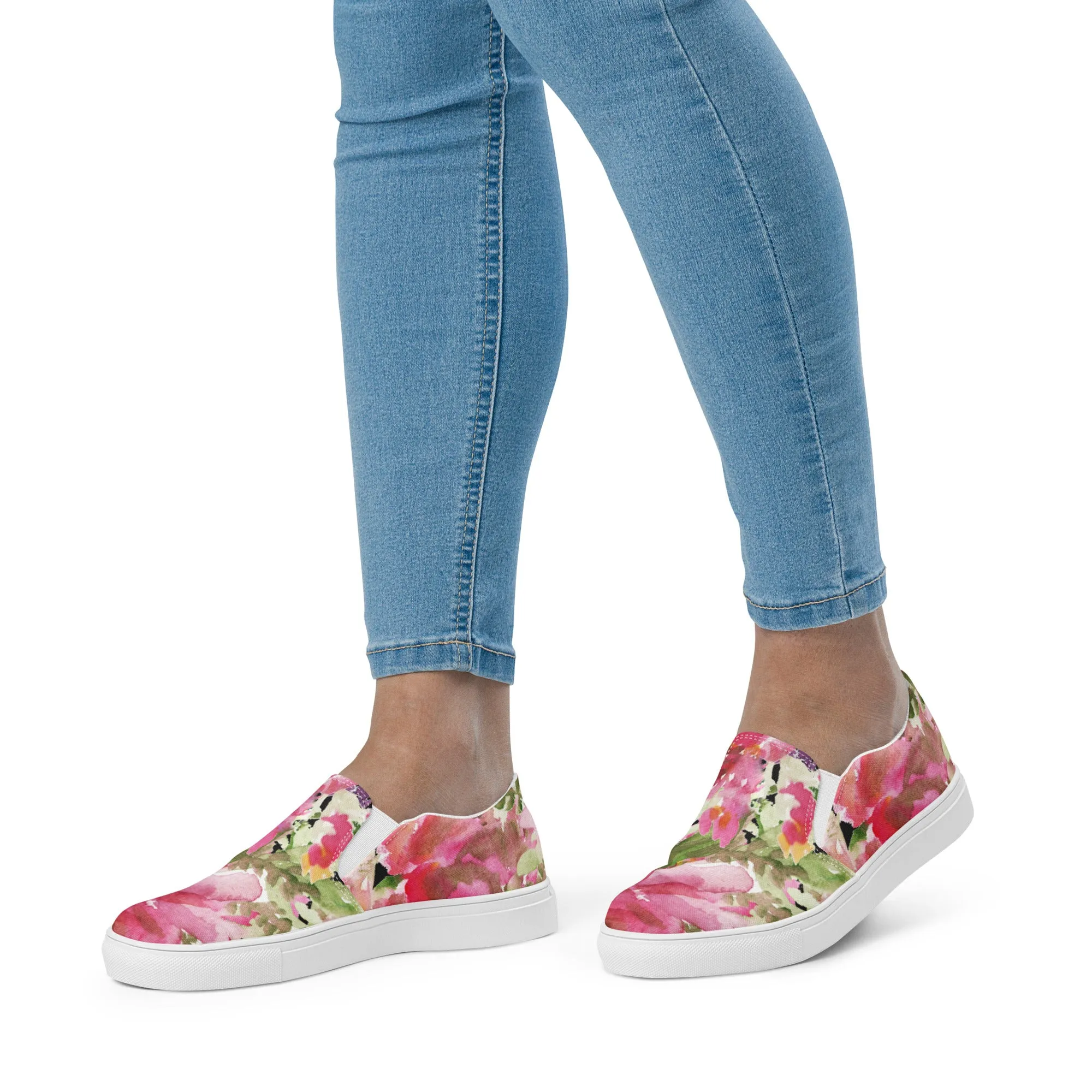 Pink Rose Women's Slip Ons, Pink Rose Floral Flower Print Women’s Slip-On Canvas Shoes (US Size: 5-12)