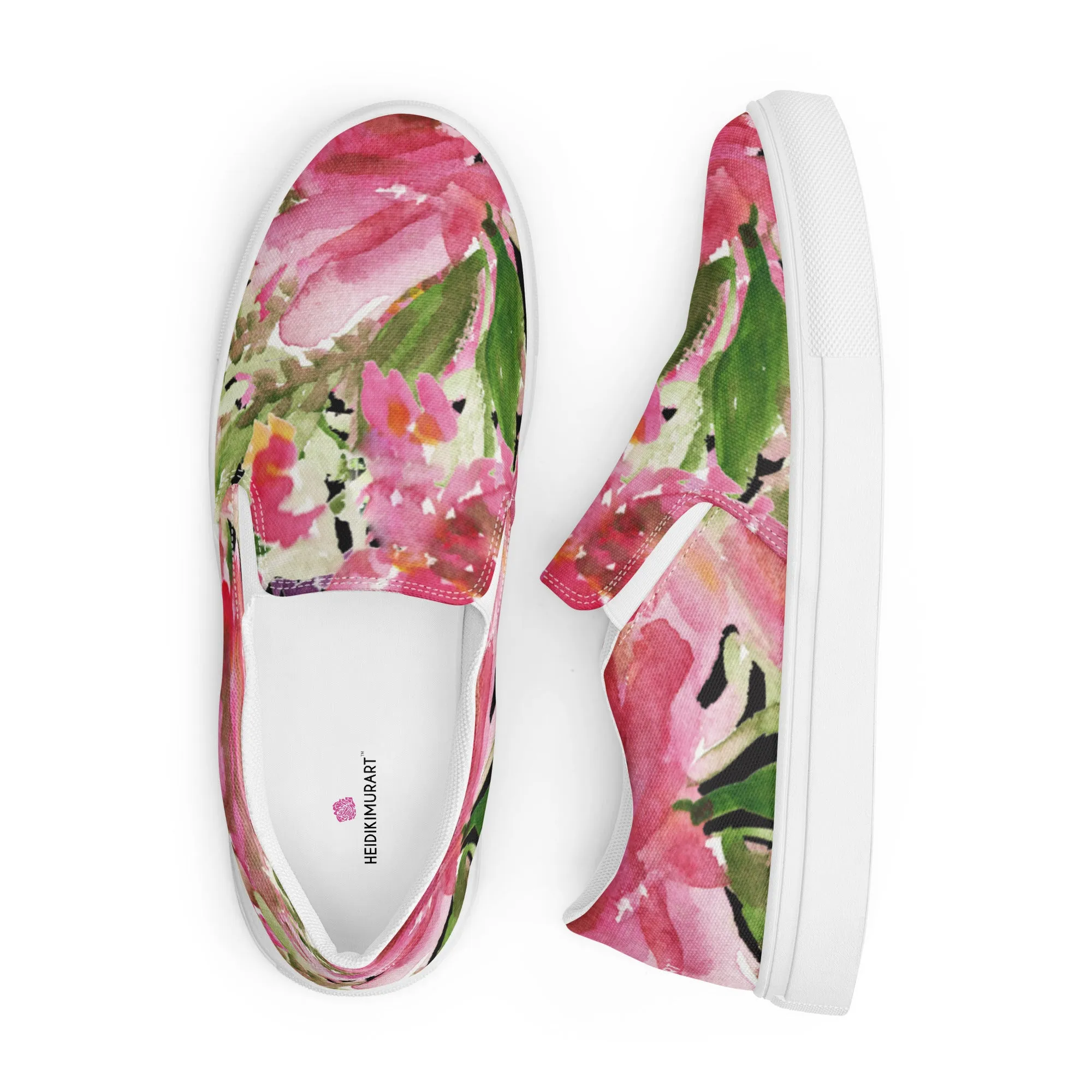 Pink Rose Women's Slip Ons, Pink Rose Floral Flower Print Women’s Slip-On Canvas Shoes (US Size: 5-12)