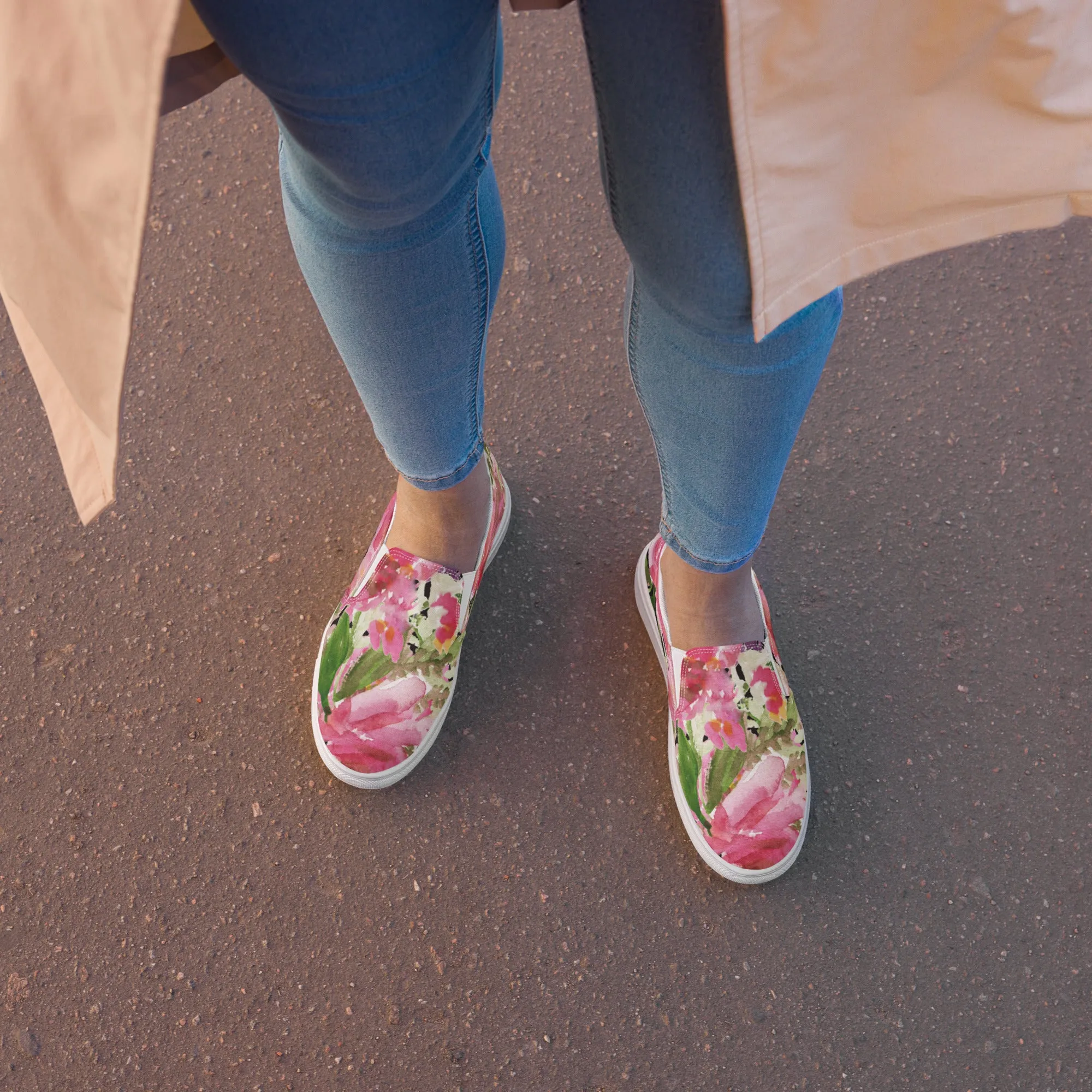 Pink Rose Women's Slip Ons, Pink Rose Floral Flower Print Women’s Slip-On Canvas Shoes (US Size: 5-12)