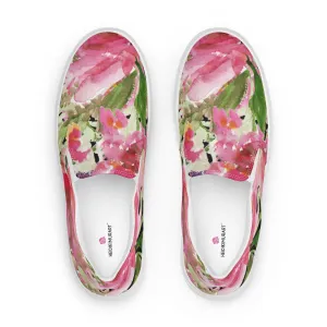 Pink Rose Women's Slip Ons, Pink Rose Floral Flower Print Women’s Slip-On Canvas Shoes (US Size: 5-12)