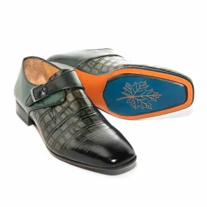 SIGOTTO Uomo Green Crocodile Print Leather Buckle Dress Shoes