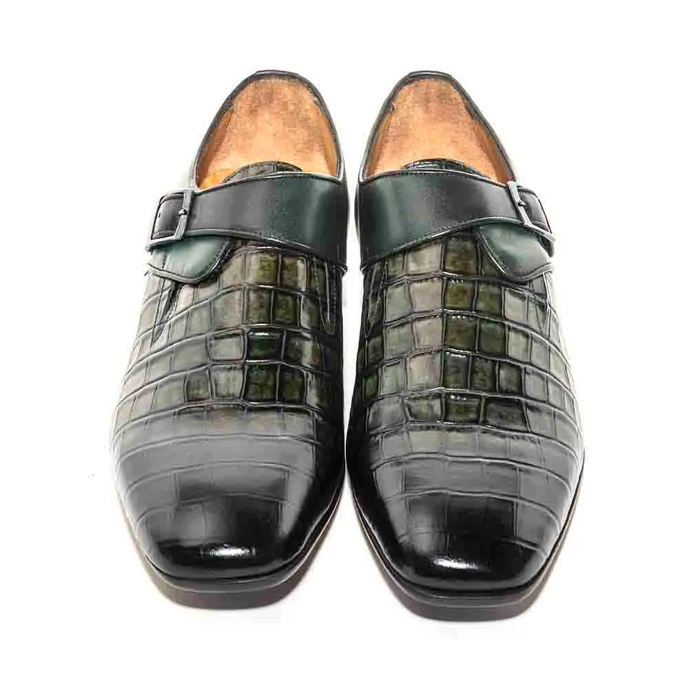 SIGOTTO Uomo Green Crocodile Print Leather Buckle Dress Shoes