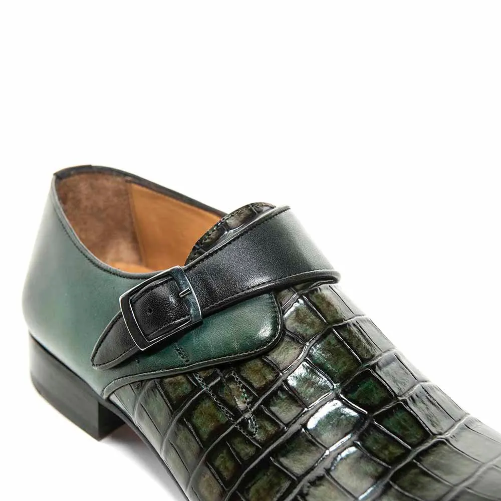 SIGOTTO Uomo Green Crocodile Print Leather Buckle Dress Shoes