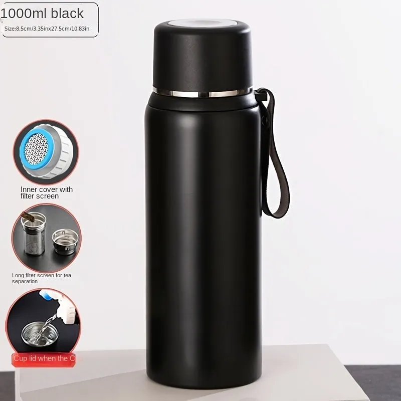 Stainless Steel Insulated Water Bottle with Tea Infuser - Large Capacity, Dual Lids for Men & Women, Portable & Spill-Proof, Perfect for Outdoor Activities & Gifts