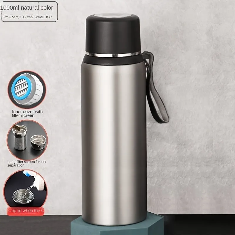 Stainless Steel Insulated Water Bottle with Tea Infuser - Large Capacity, Dual Lids for Men & Women, Portable & Spill-Proof, Perfect for Outdoor Activities & Gifts