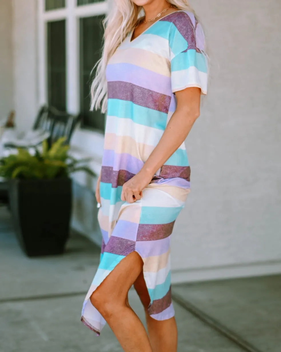 Stripe V-Neck T-Shirt Midi Dress