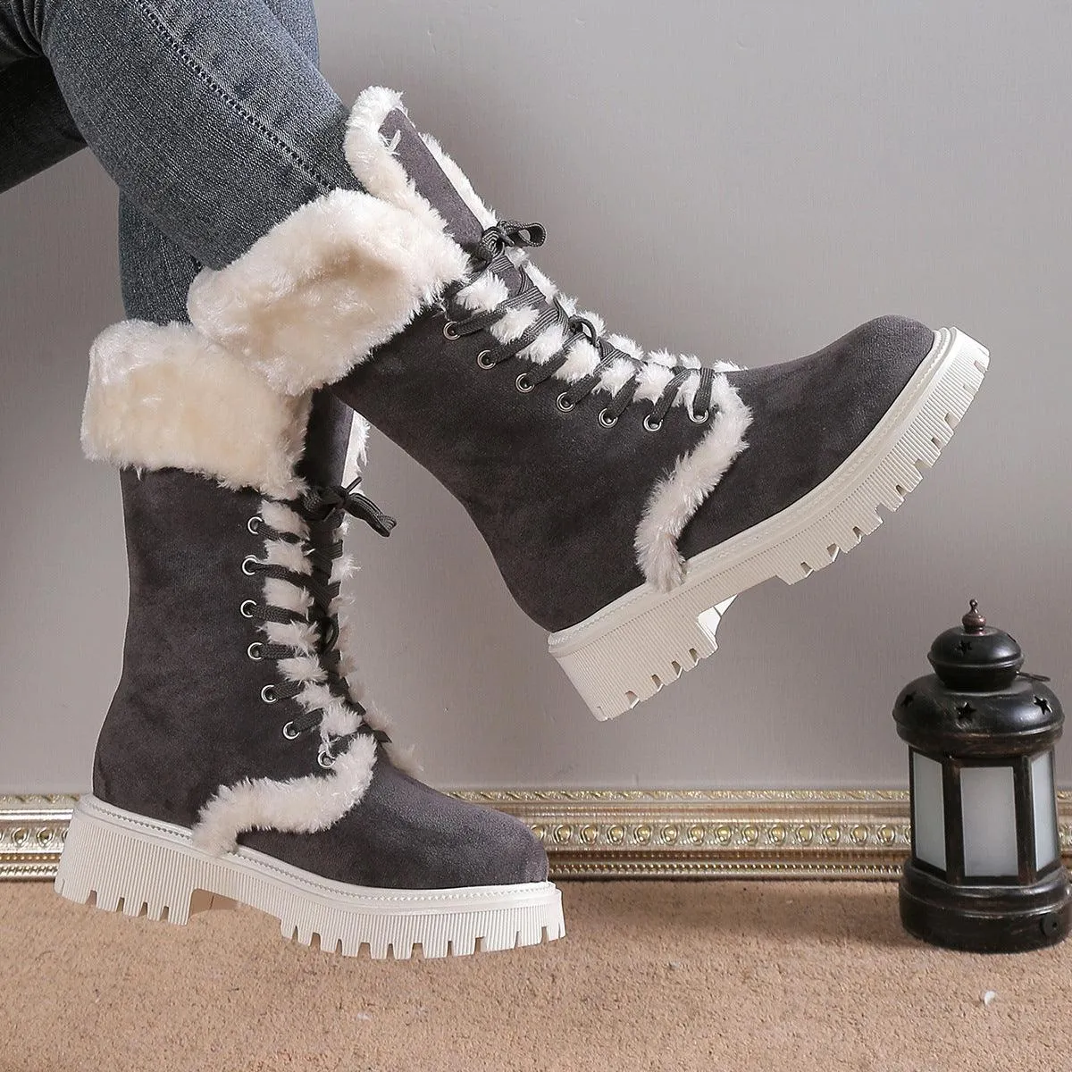 Winter Lace-up Mid-tube Warm Fleece Chunky Heels Plush Boots