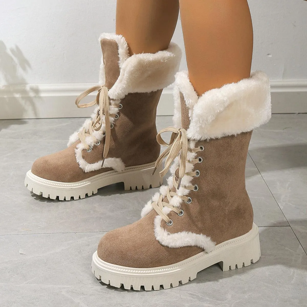 Winter Lace-up Mid-tube Warm Fleece Chunky Heels Plush Boots