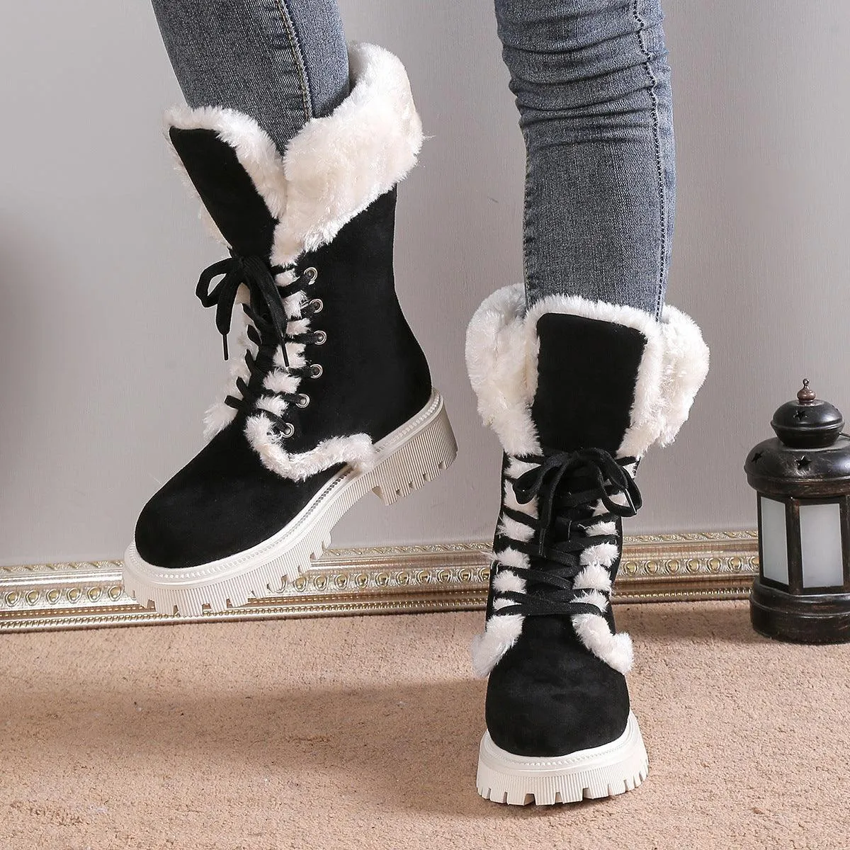 Winter Lace-up Mid-tube Warm Fleece Chunky Heels Plush Boots