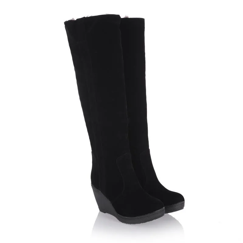 Women knee high thick faux fur wedge snow boots