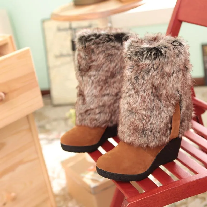 Women knee high thick faux fur wedge snow boots