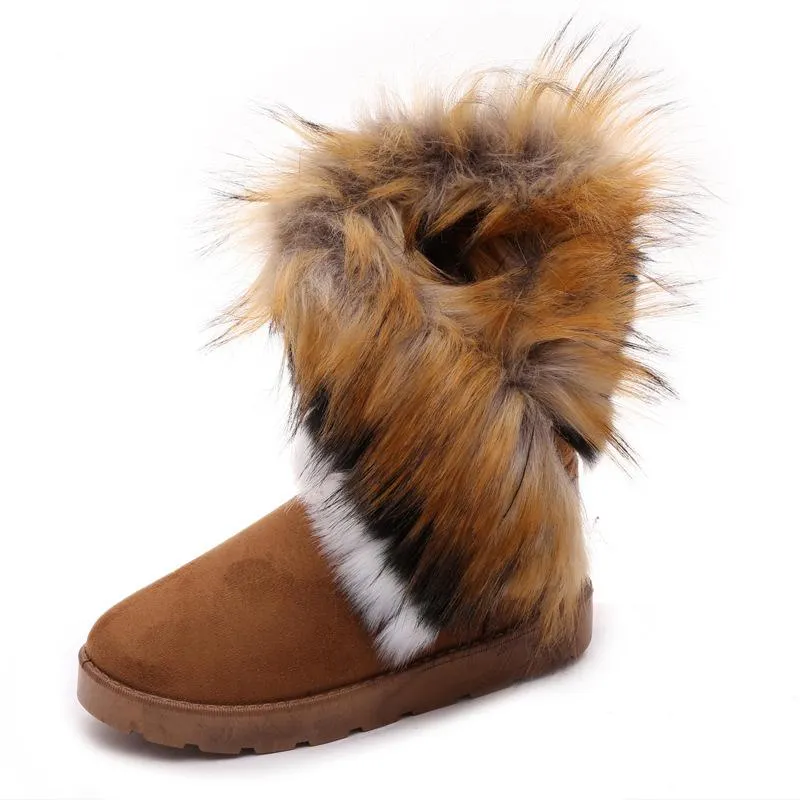 Women Round Toe Flat Heel Slip On Lining Faux Fur Keep Warm Winter Snow Boots