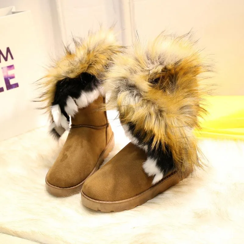 Women Round Toe Flat Heel Slip On Lining Faux Fur Keep Warm Winter Snow Boots