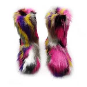 Women winter cute faux fur mid calf slip on snow boots