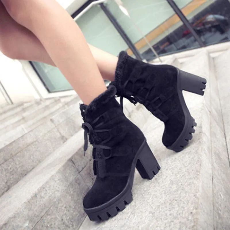 Women winter plush warm chunky heel platform short boots