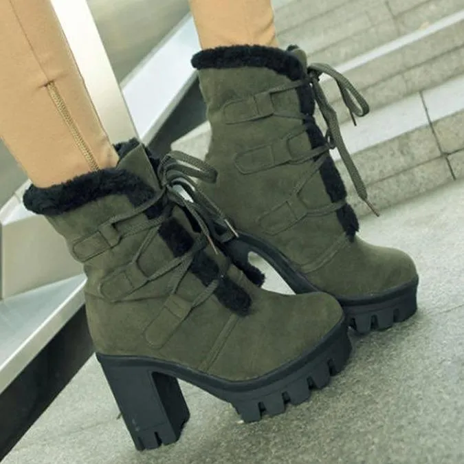 Women winter plush warm chunky heel platform short boots