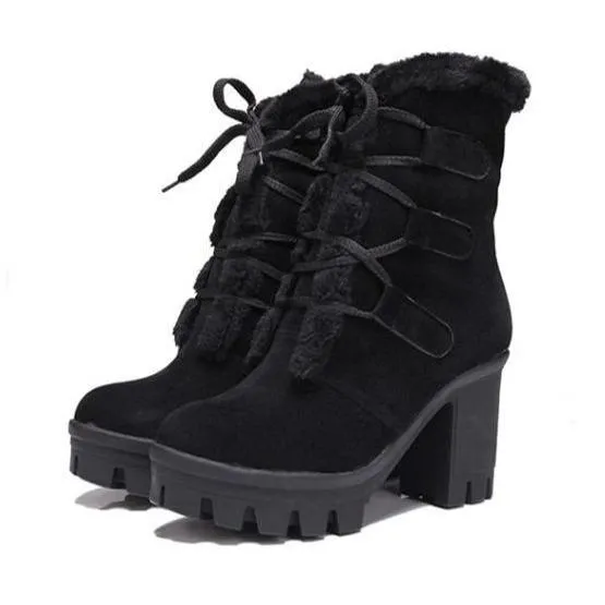 Women winter plush warm chunky heel platform short boots